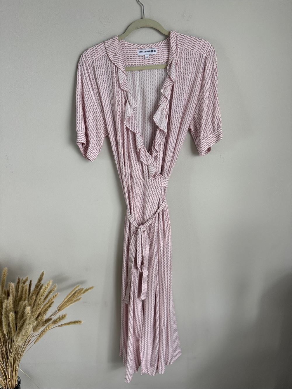 Ines de La Fressange x Uniqlo Pink Ruffle Wrap Midi Dress Rayon Size L - Picture 2 of 14
